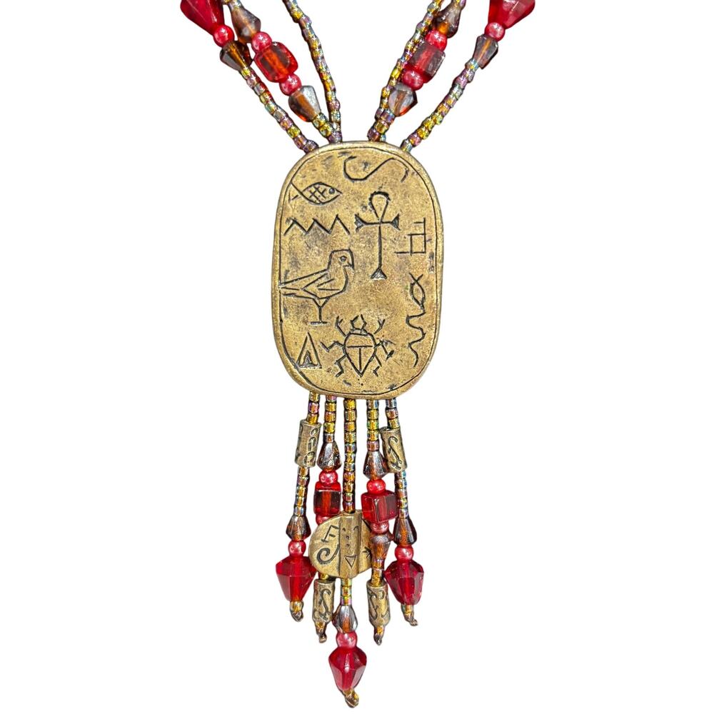 Chico’s unique beaded multistrand pendant necklace tassels red & goldtone